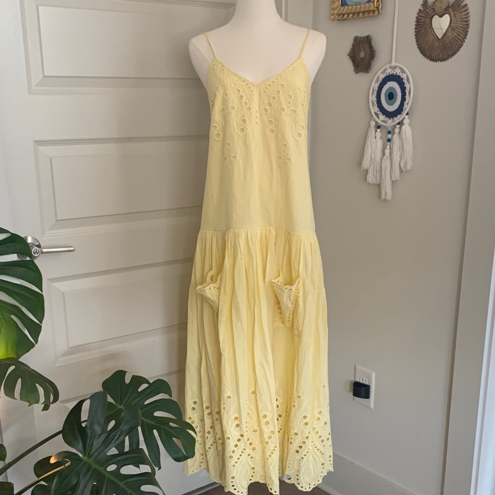 HUNTER BELL Butter Yellow Eyelet Midi Drop Waist Dress
